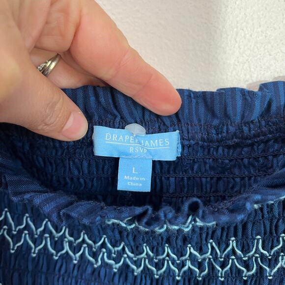 Draper James RSVP Navy Smocked Square Neck Long Sleeve Midi Dress Pockets Sz L - Picture 9 of 10